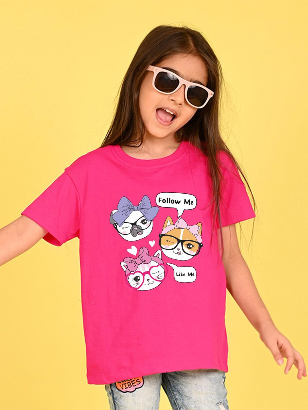 

NUSYL Girls Graphic Printed Round Neck Longline Oversized T-shirt, Pink
