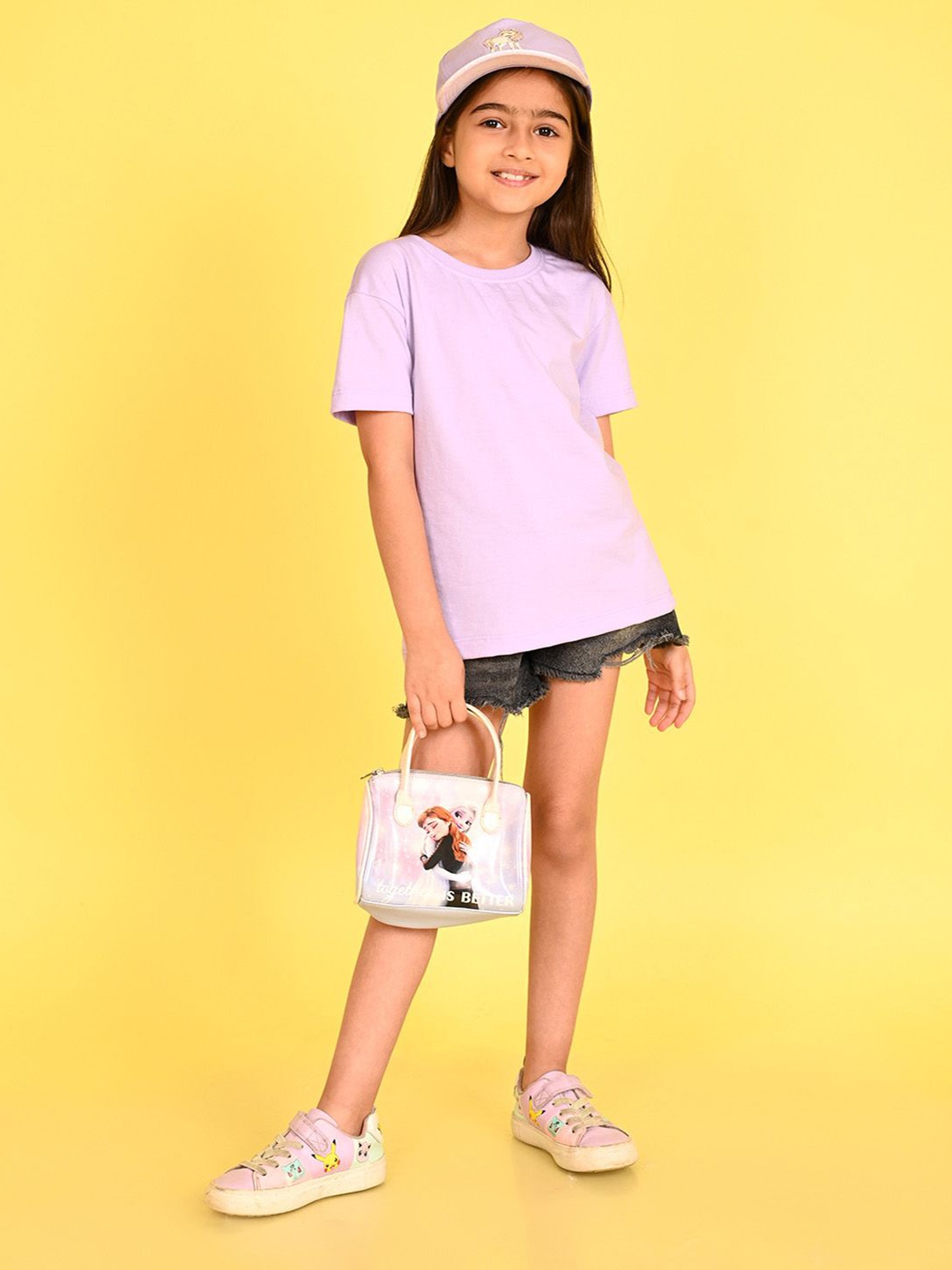 

NUSYL Girls Graphic Printed Round Neck Longline Oversized T-shirt, Purple