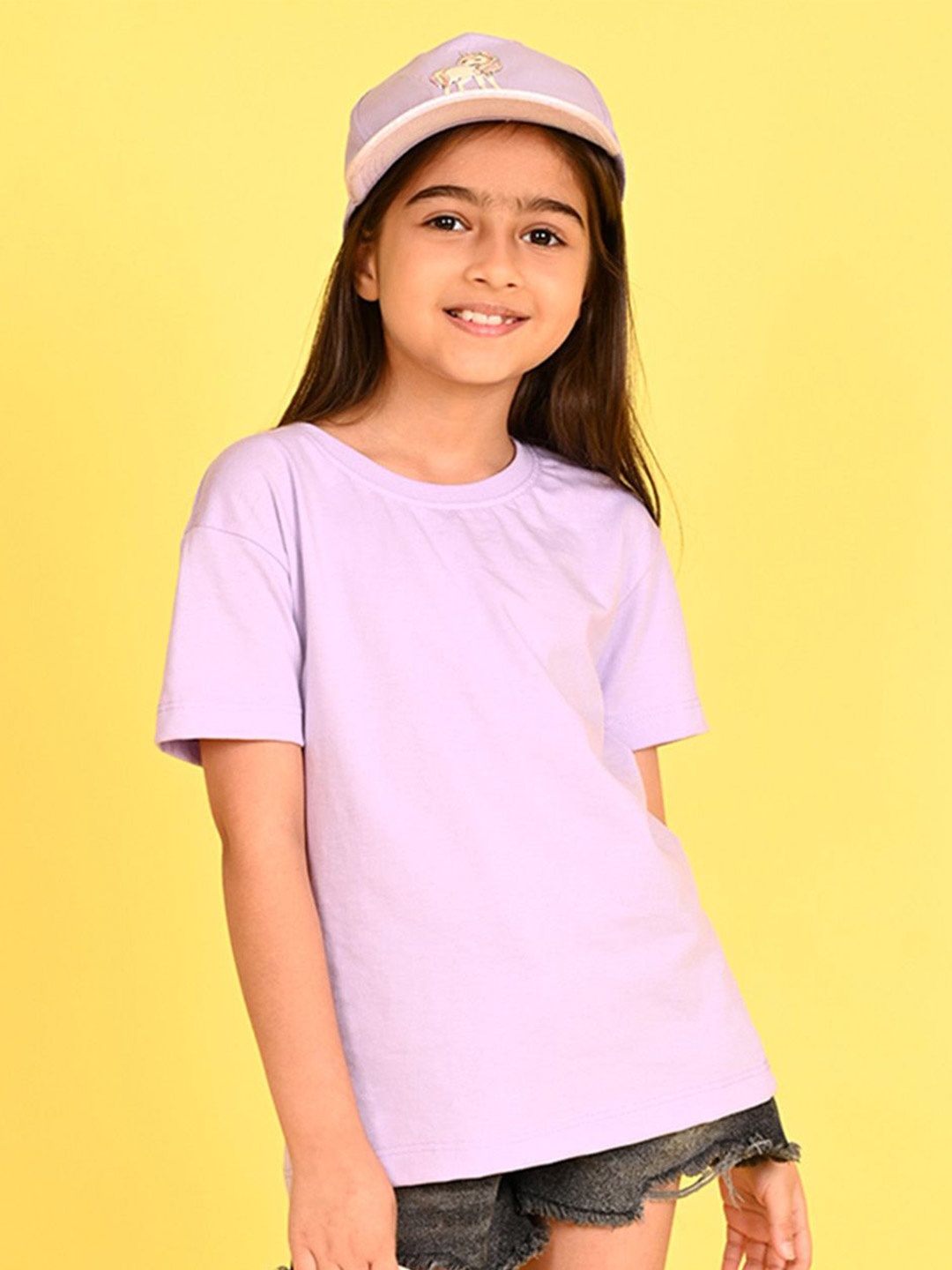 

NUSYL Girls Floral Printed Round Neck Longline Oversized T-shirt, Purple