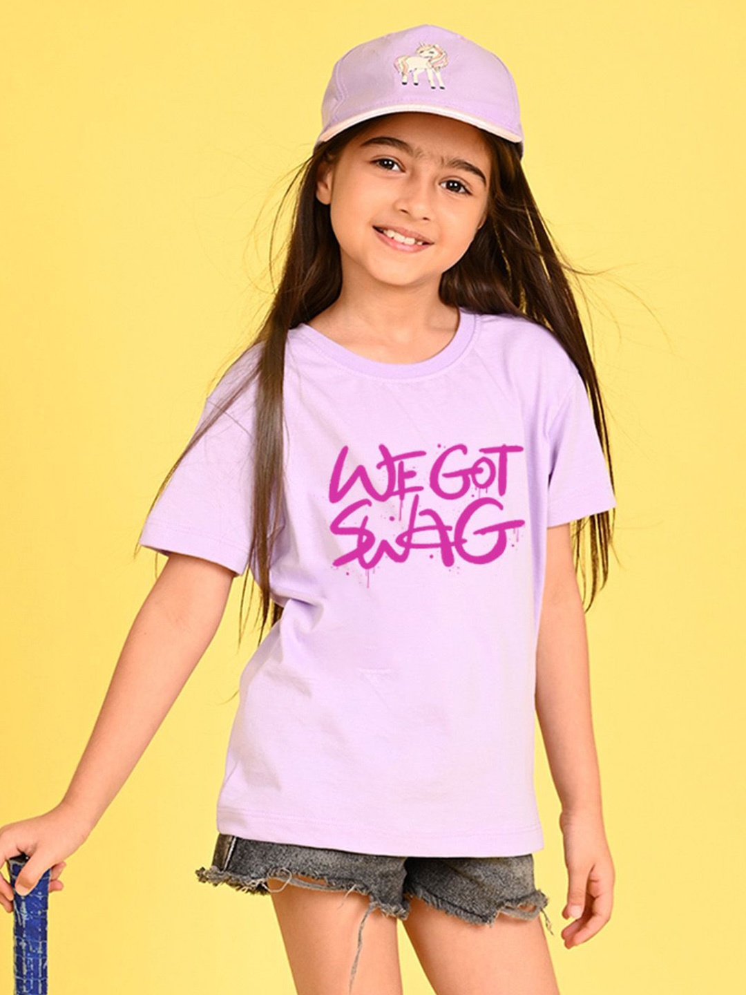 

NUSYL Girls Typography Printed Round Neck Longline Oversized T-shirt, Purple