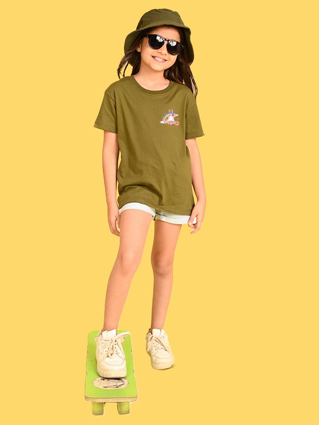

NUSYL Girls Graphic Printed Round Neck Longline Oversized T-shirt, Olive