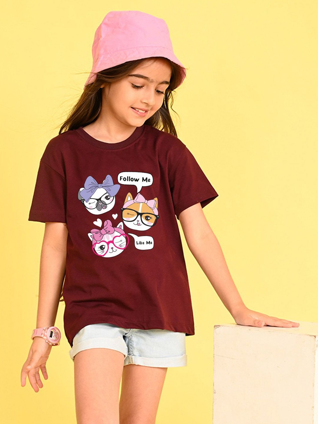 

NUSYL Girls Graphic Printed Round Neck Longline Oversized T-shirt, Maroon