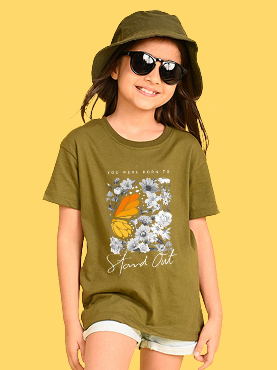 

NUSYL Girls Floral Printed Round Neck Longline Oversized T-shirt, Olive