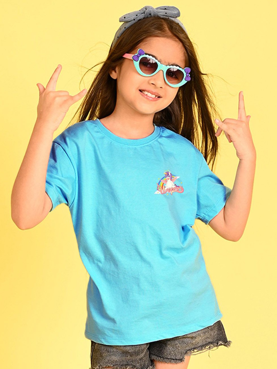 

NUSYL Girls Graphic Printed Round Neck Longline Oversized T-shirt, Blue