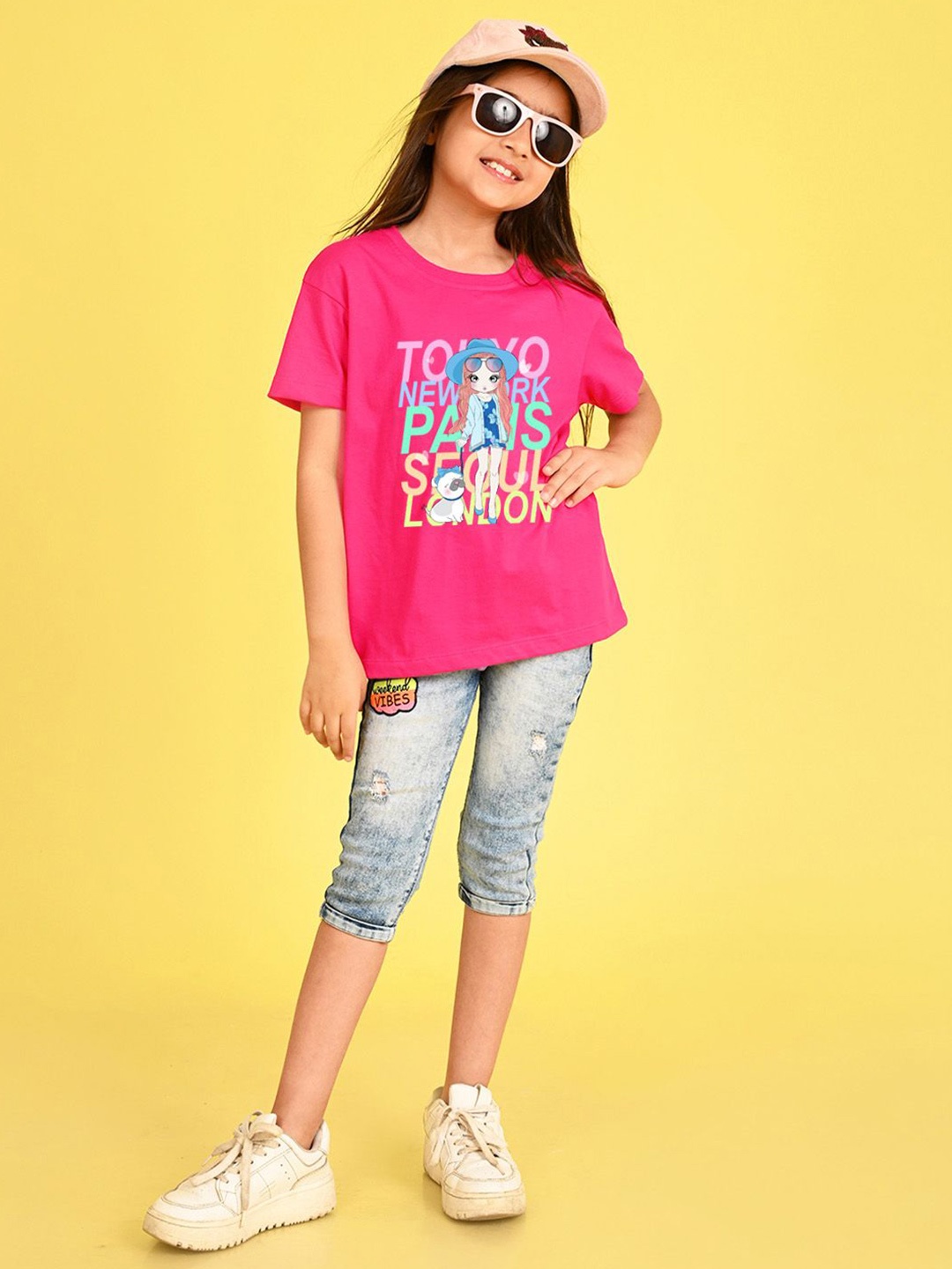 

NUSYL Girls Typography Printed Round Neck Longline Oversized T-shirt, Pink