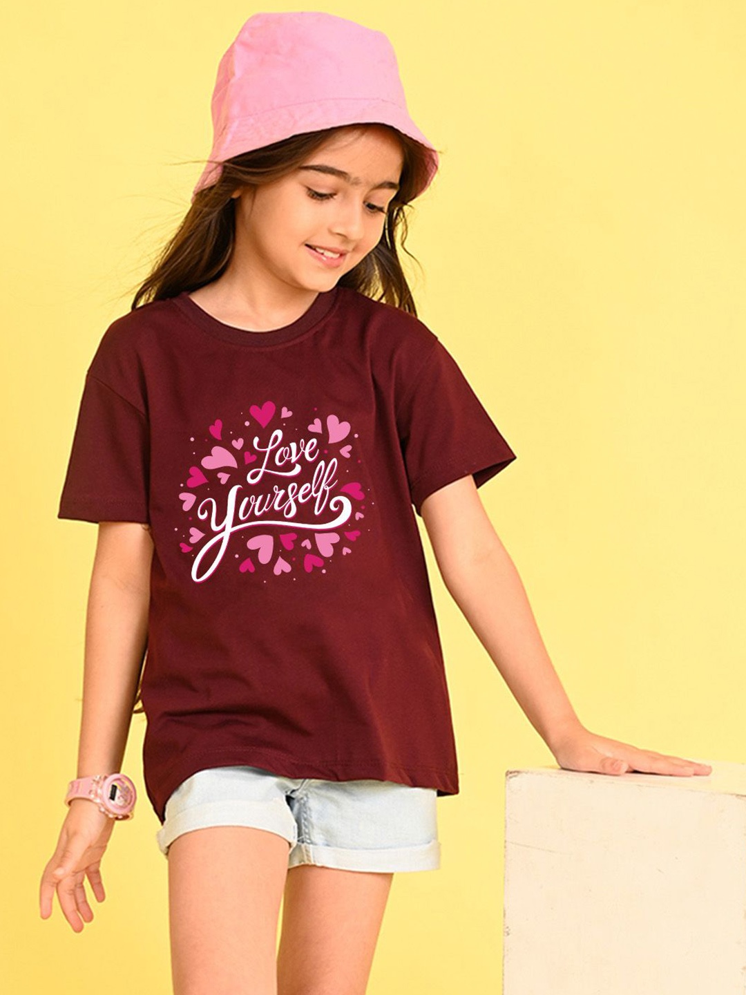 

NUSYL Girls Typography Printed Round Neck Longline Oversized T-shirt, Maroon