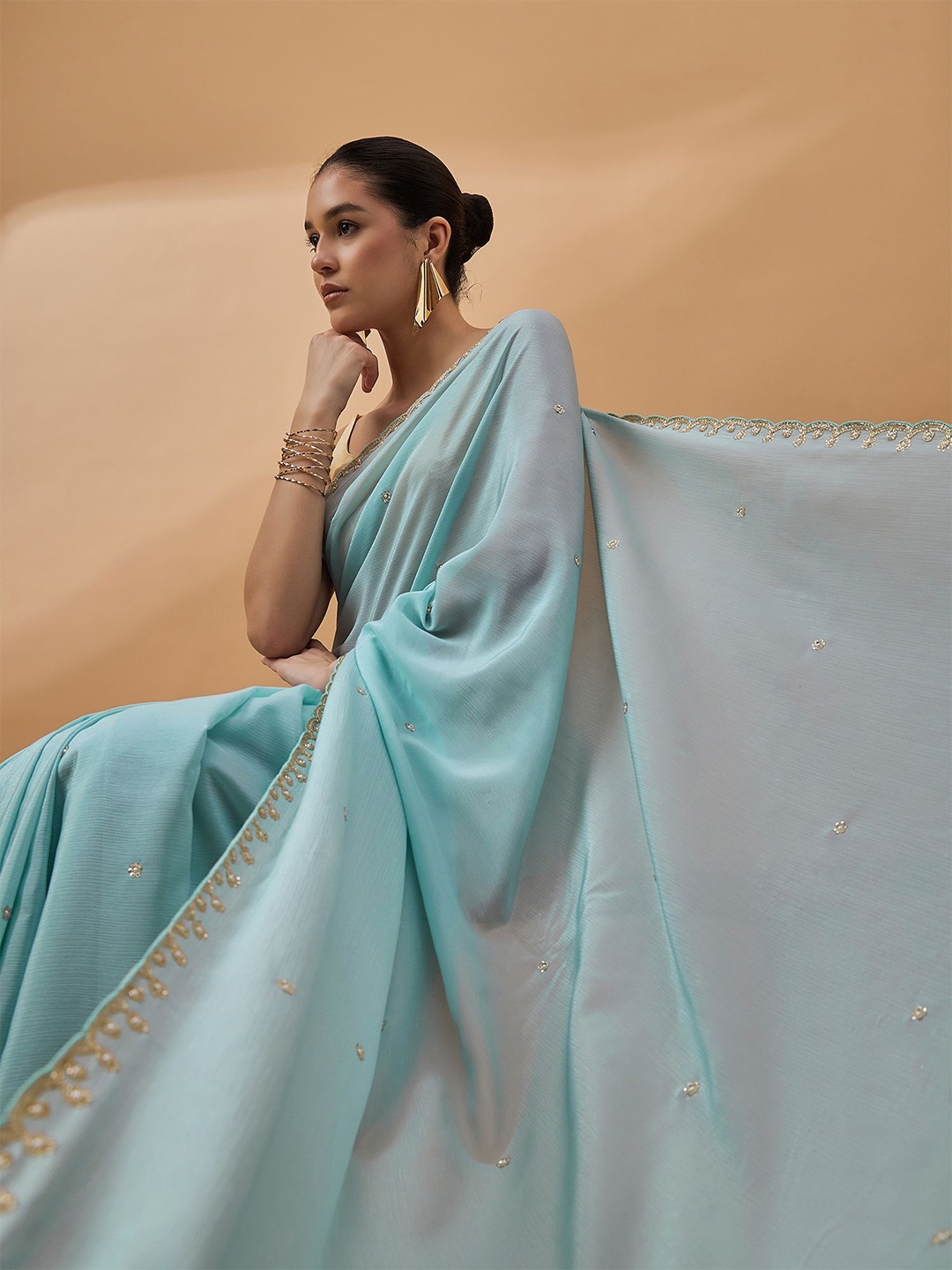

all about you Floral Sequinned Pure Chiffon Saree, Blue
