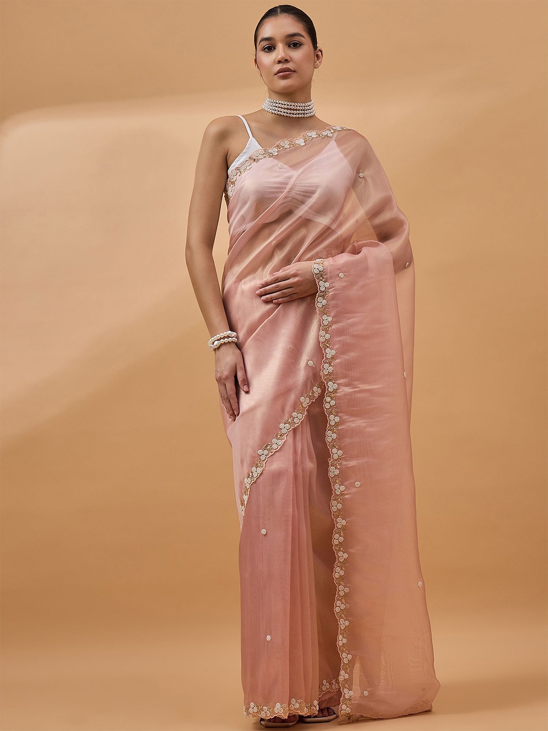 

all about you Embellished Beads and Stones Tissue Saree, Peach