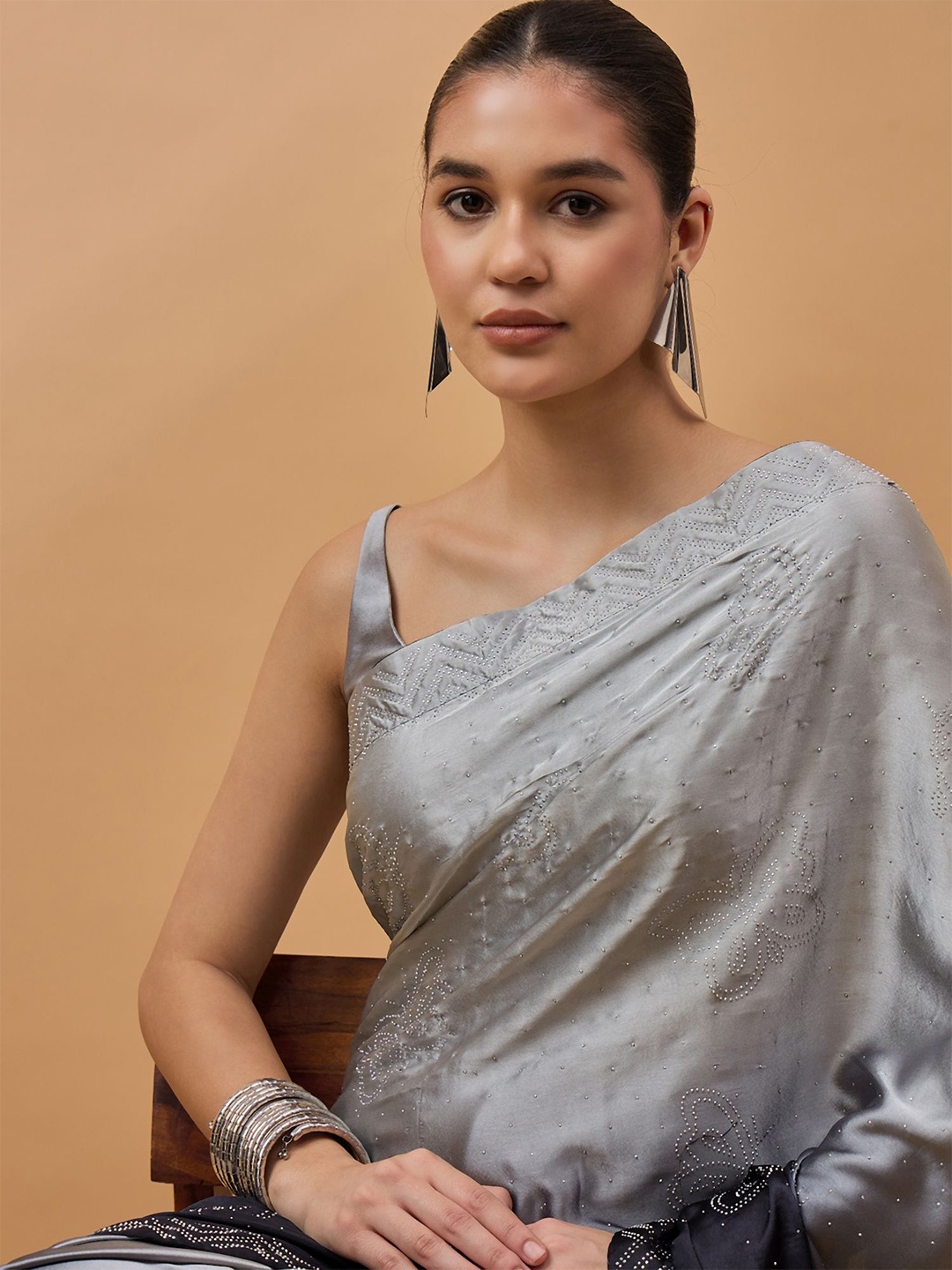 

all about you Embellished Mukaish Satin Saree, Black