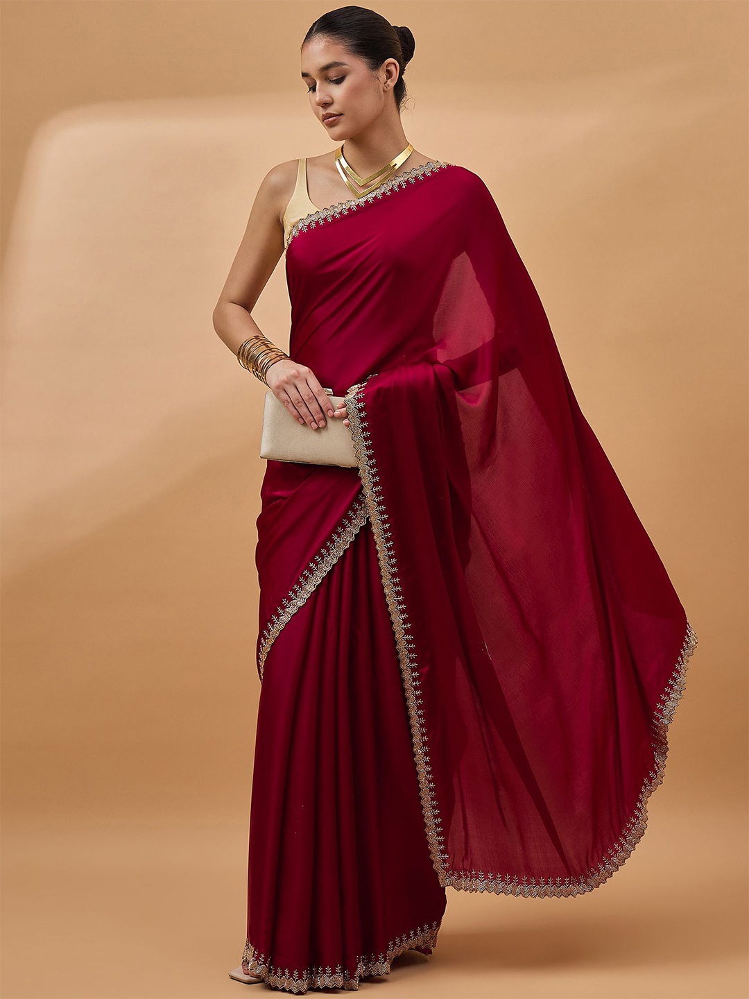 

all about you Beads and Stones Satin Saree, Maroon