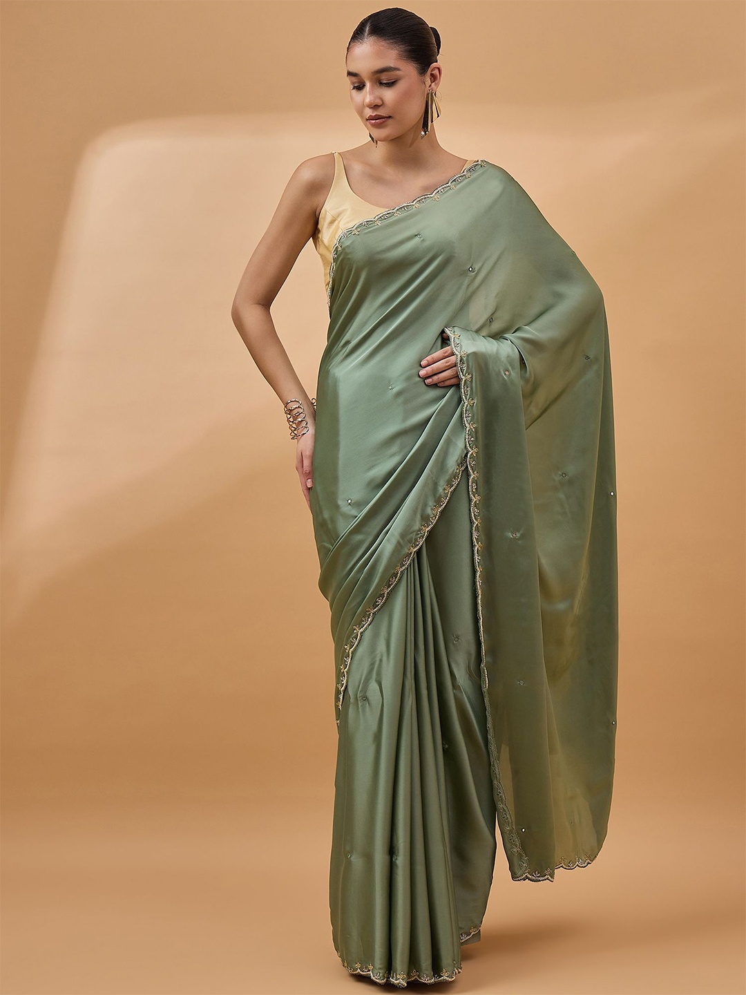 

all about you Embellished Sequinned Satin Saree, Green