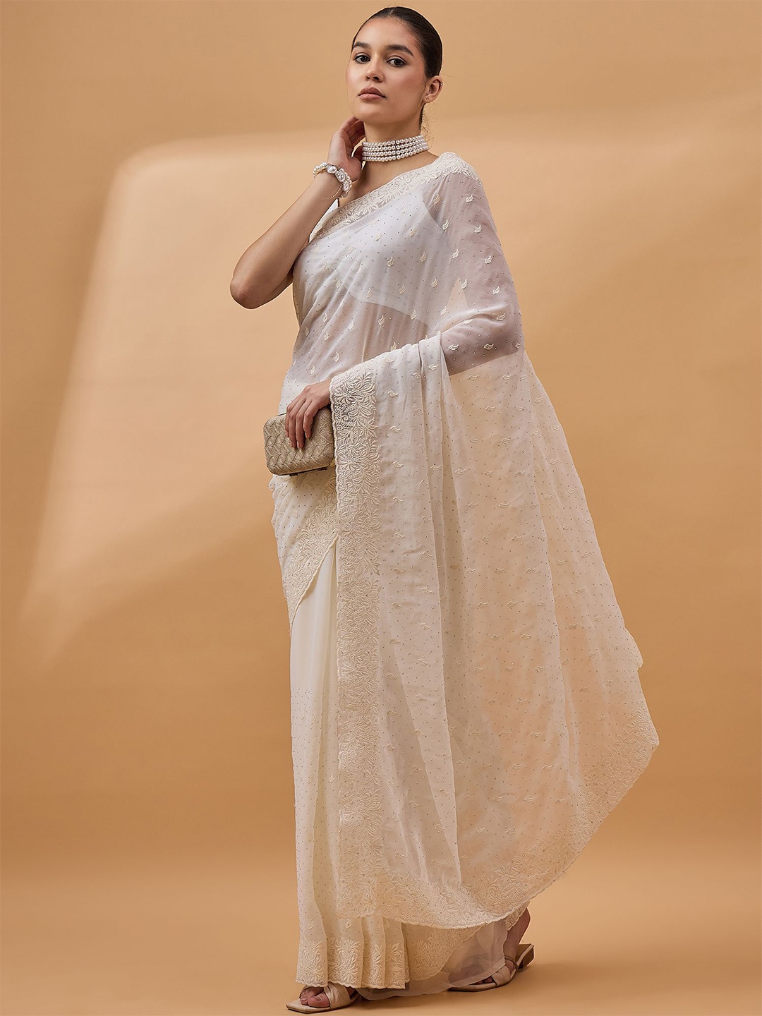 

all about you Ethnic Motifs Pure Georgette Saree, Cream