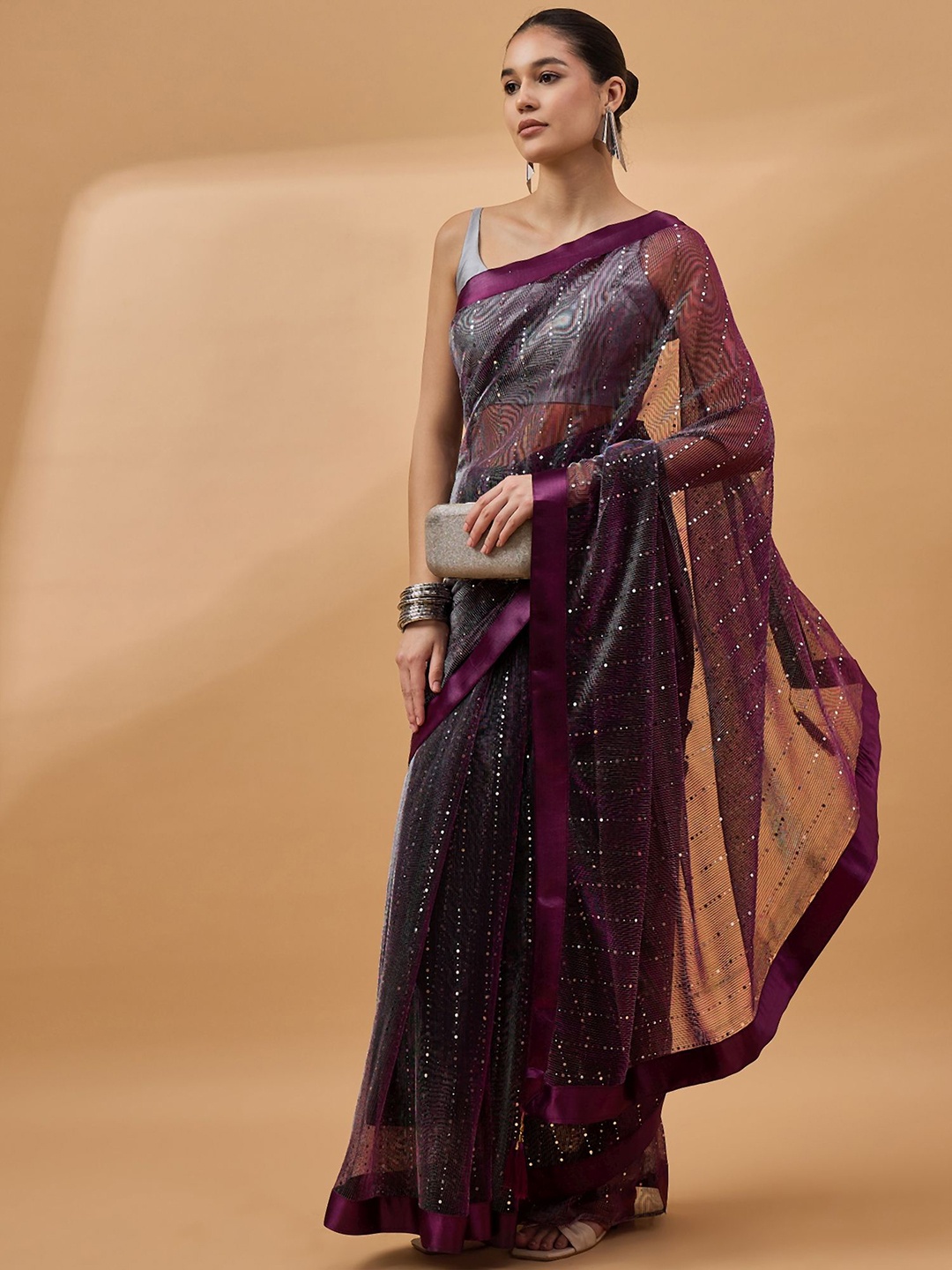 

all about you Embellished Mukaish Net Saree, Purple