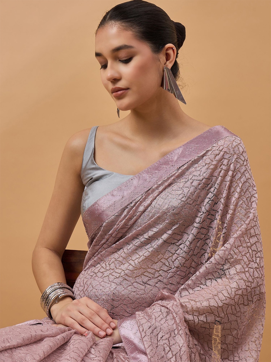 

all about you Embellished Net Heavy Work Saree, Peach