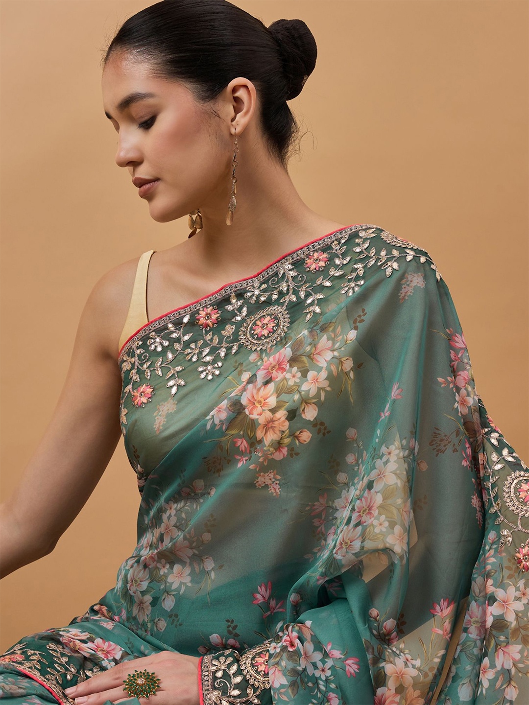 

all about you Floral Organza Heavy Work Saree With Blouse Piece, Green