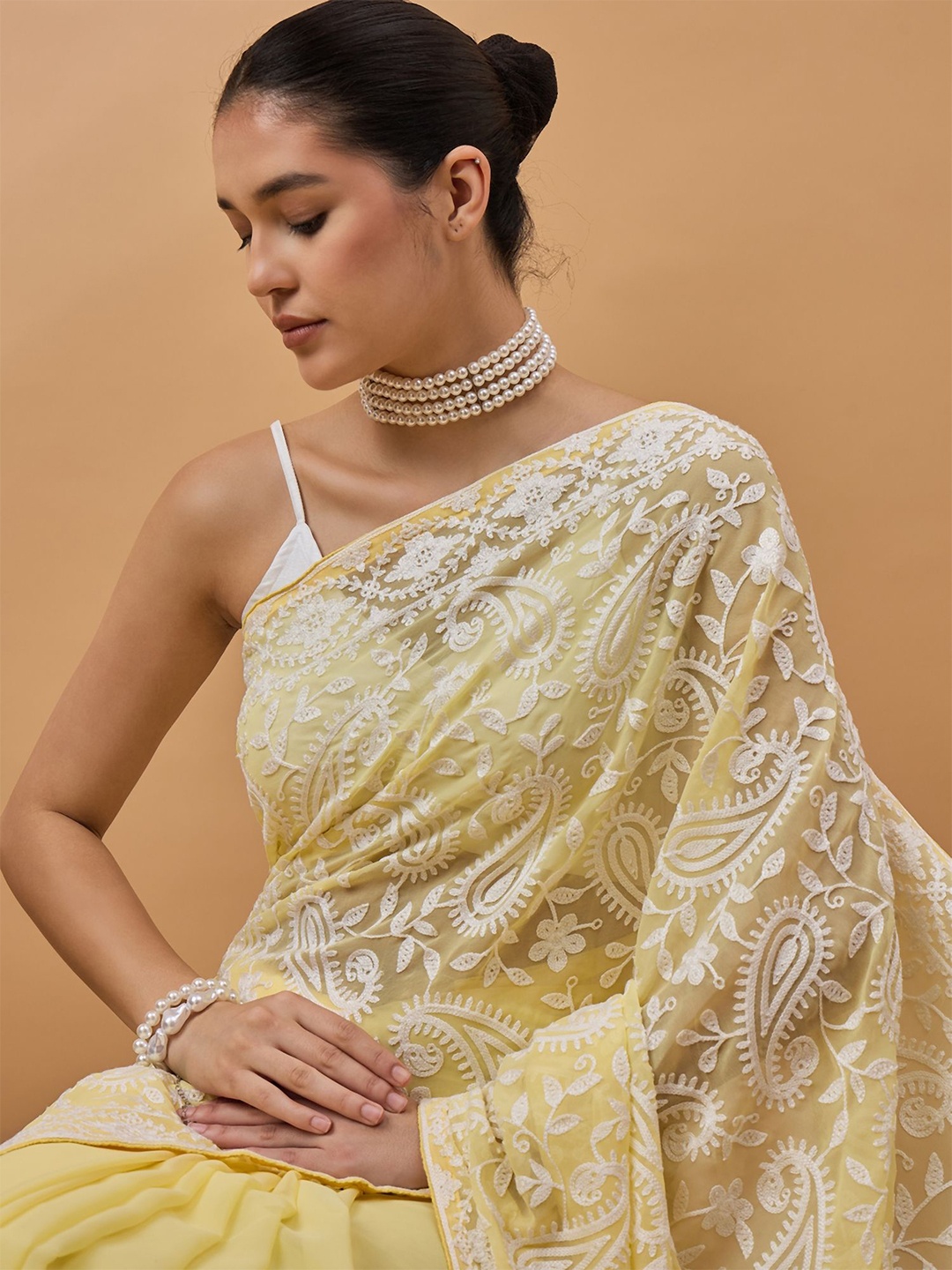 

all about you Chikankari Embroidered Pure Georgette Saree, Yellow