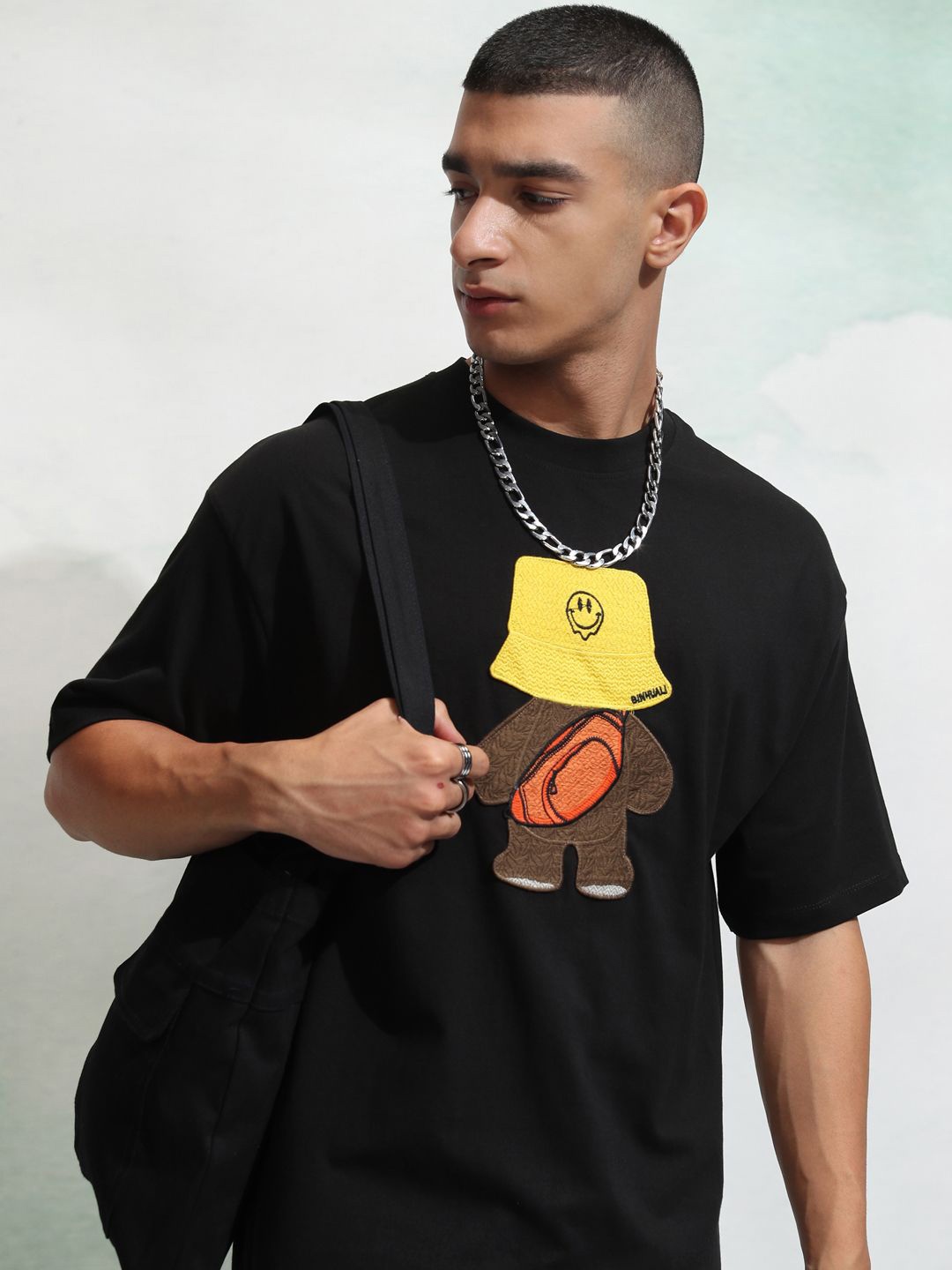 

HIGHLANDER Men Graphic Printed Round Neck Embroidered Oversized T-shirt, Black