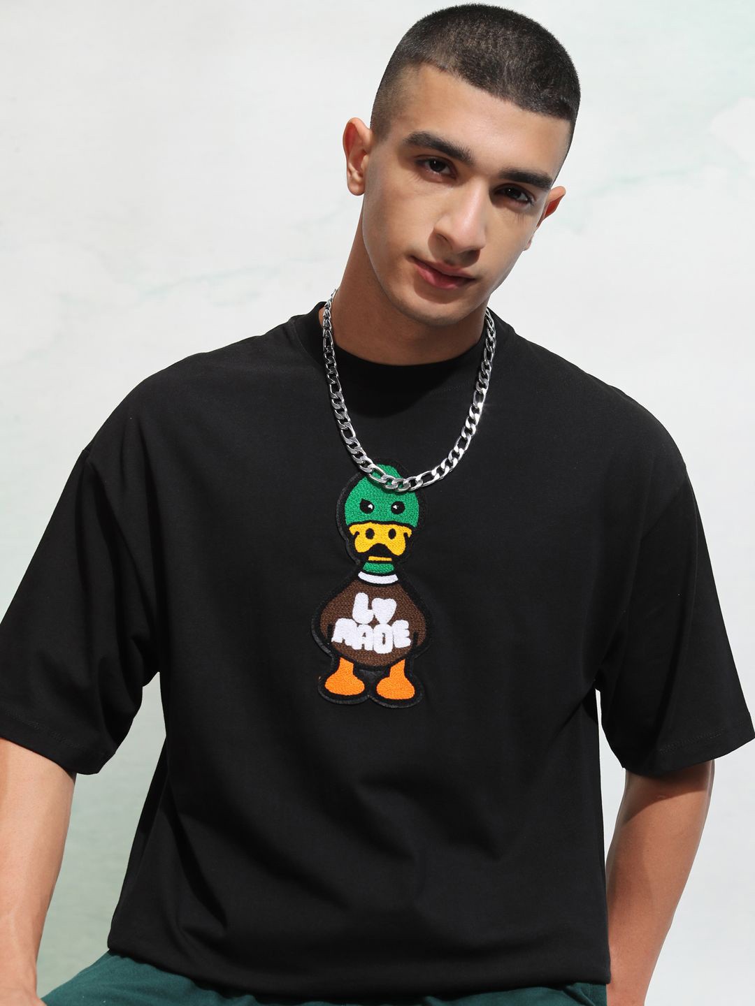 

HIGHLANDER Men Graphic Printed Round Neck Embroidered Oversized T-shirt, Black