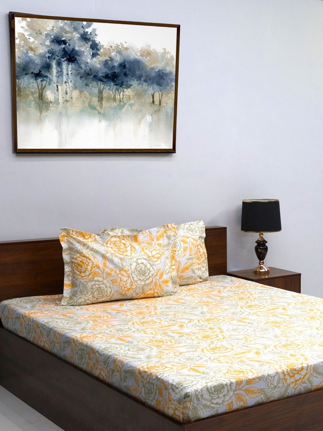 

BOMBAY DYEING Yellow Floral Printed 144 TC Pure Cotton King Bedsheet with 2 Pillow Covers