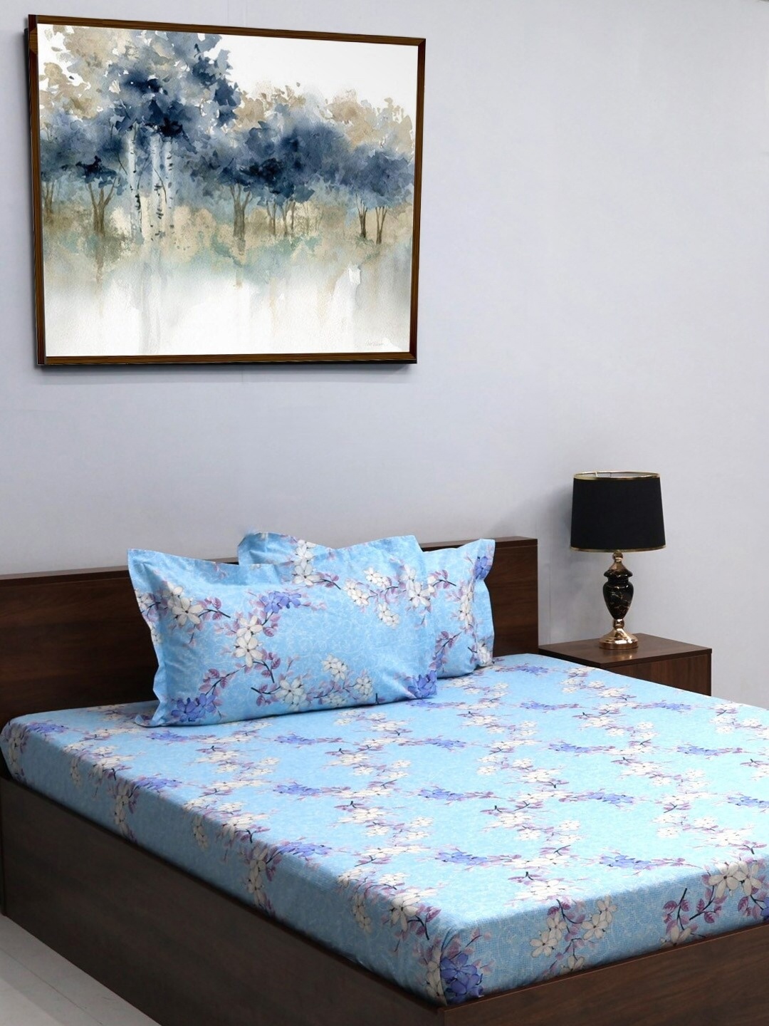 

BOMBAY DYEING Blue & Beige Floral Pure Cotton 144 TC King Bedsheet with 2 Pillow Covers