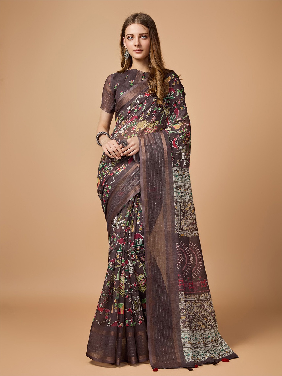 

Fashion FRICKS Warli Kalamkari Saree, Beige