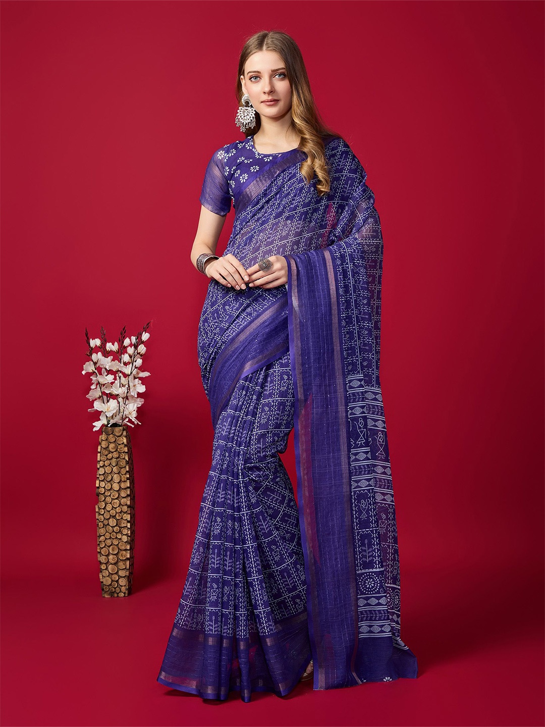 

Fashion FRICKS Warli Printed Zari Saree With Blouse Piece, Blue
