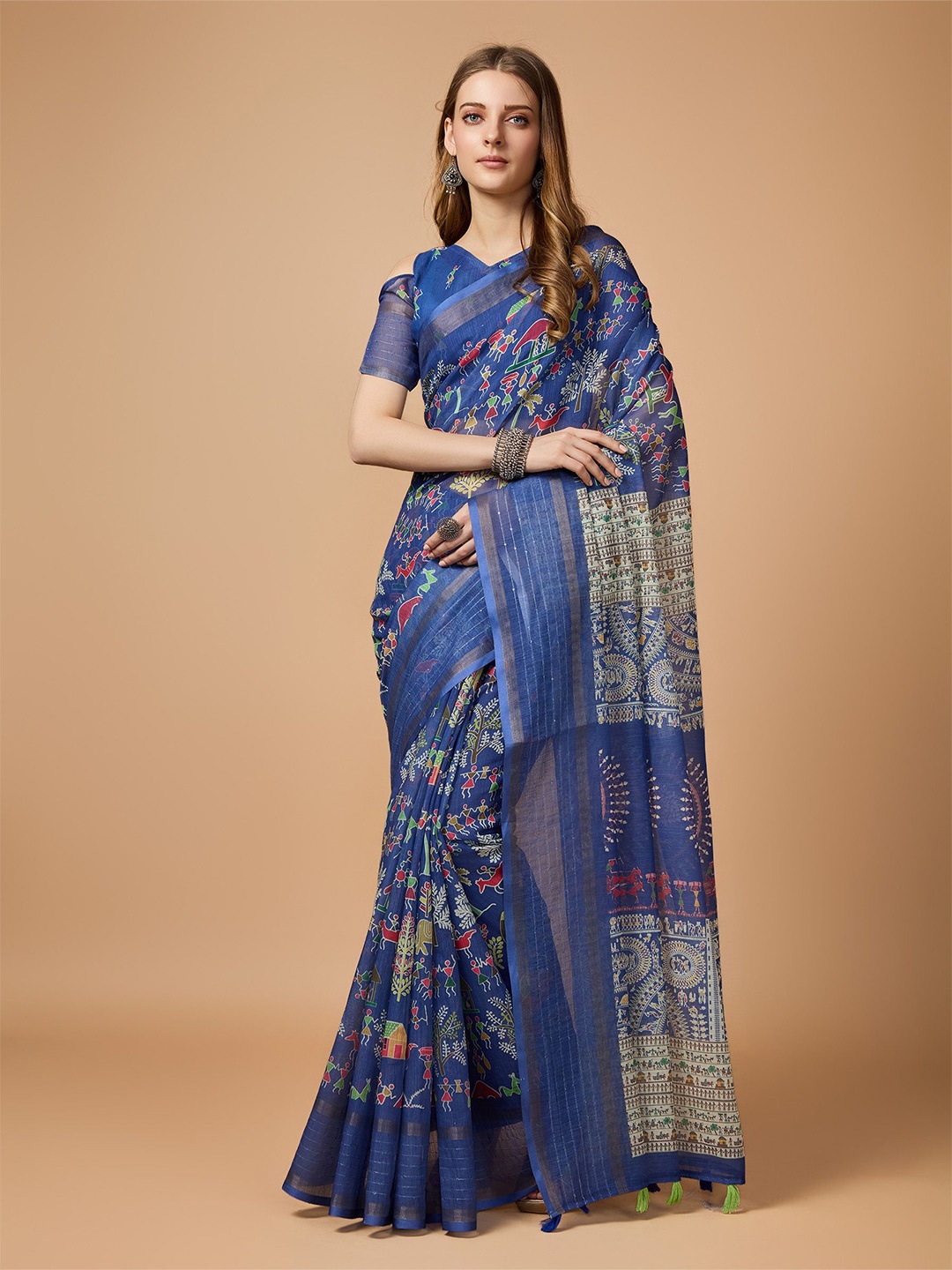 

Fashion FRICKS Warli Printed Saree With Blouse Piece, Navy blue