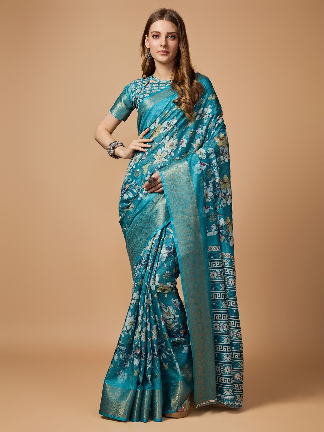 

Fashion FRICKS Floral Digital Printed Saree, Blue