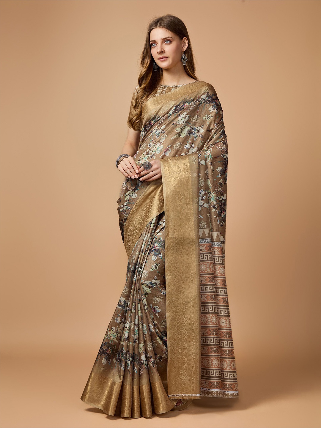

Fashion FRICKS Floral Printed Saree With Blouse Piece, Khaki