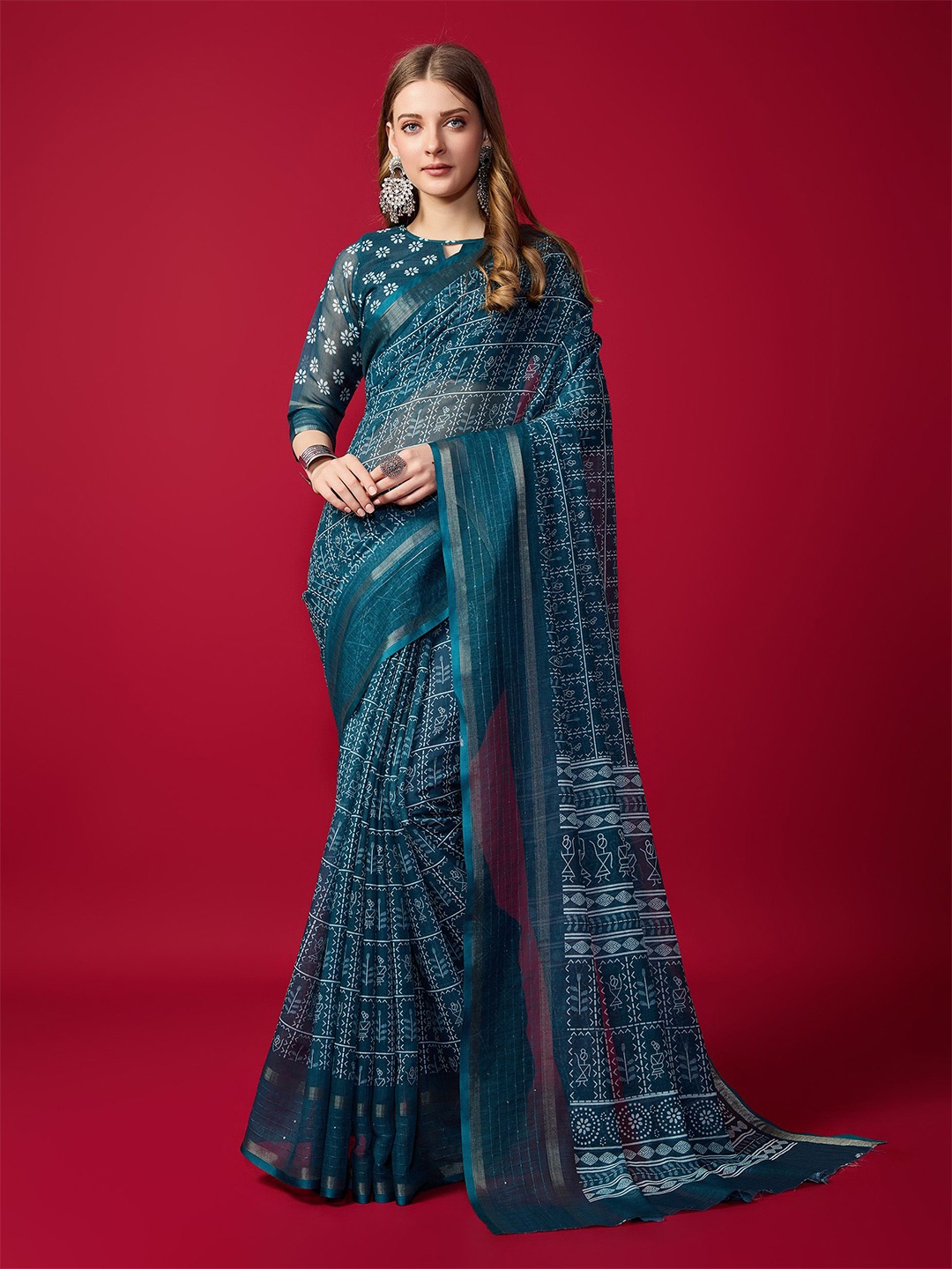 

Fashion FRICKS Printed Saree, Turquoise blue