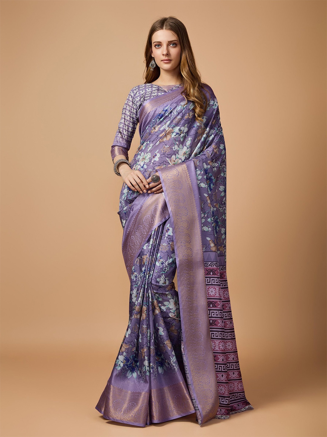 

Fashion FRICKS Floral Zari Saree, Purple