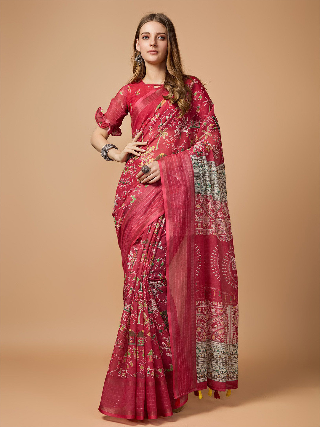 

Fashion FRICKS Warli Sequinned Zari Saree, Red