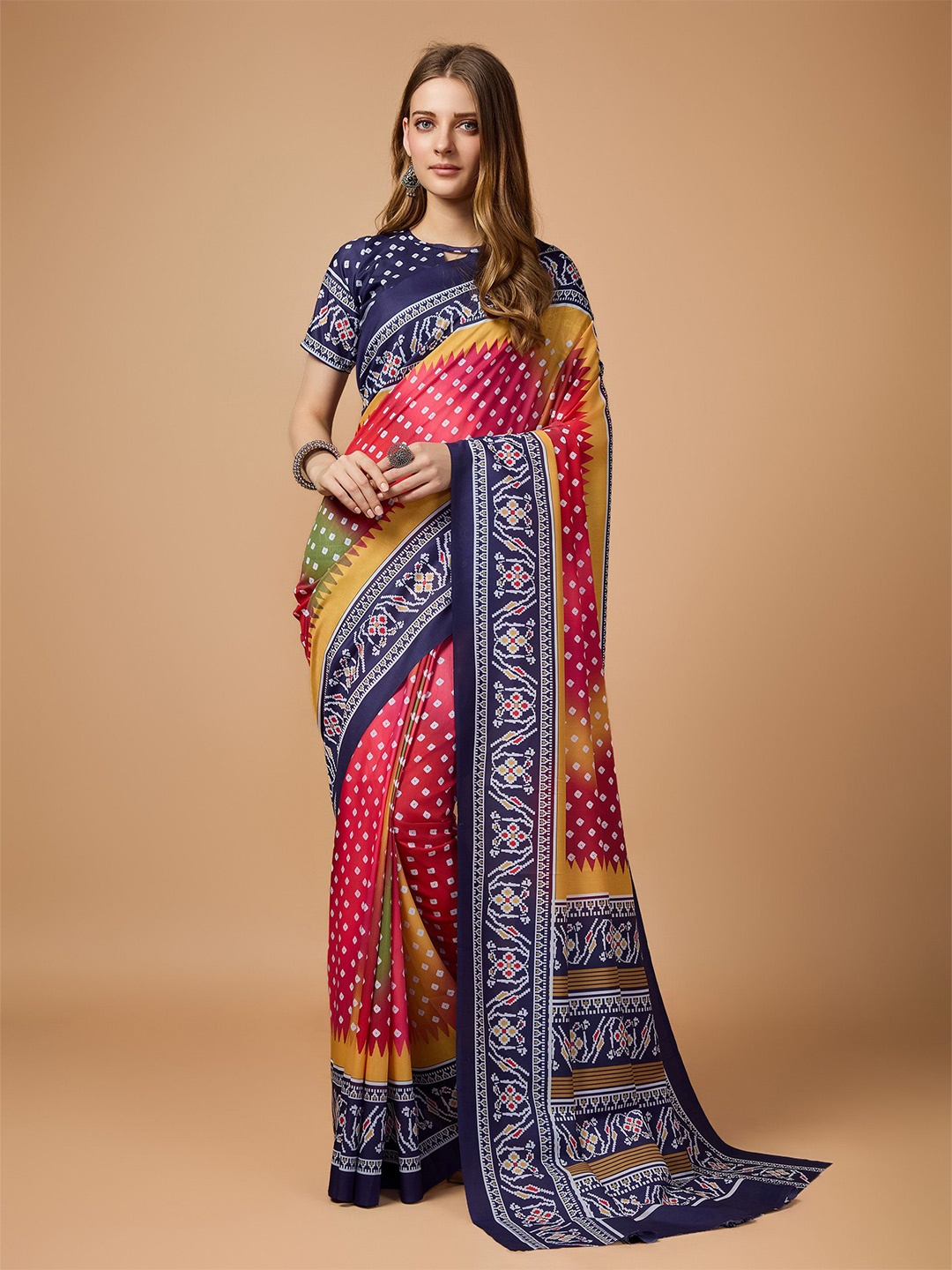 

Fashion FRICKS Bandhani Printed Saree With Blouse Piece, Navy blue