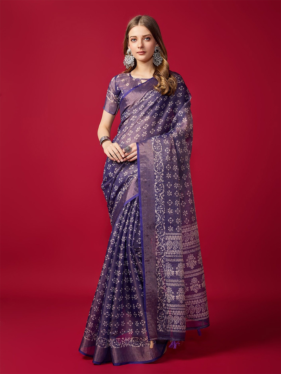 

Fashion FRICKS Ethnic Motifs Zari Saree, Navy blue