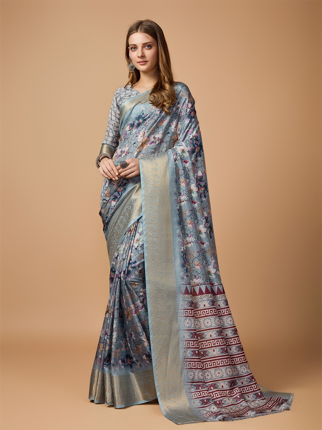 

Fashion FRICKS Floral Zari Saree, Grey