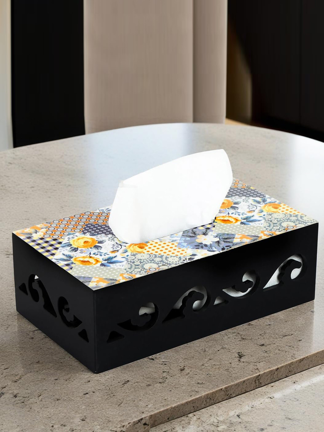 

THE HOME CO. Yellow & White Printed Wooden Tissue Holder