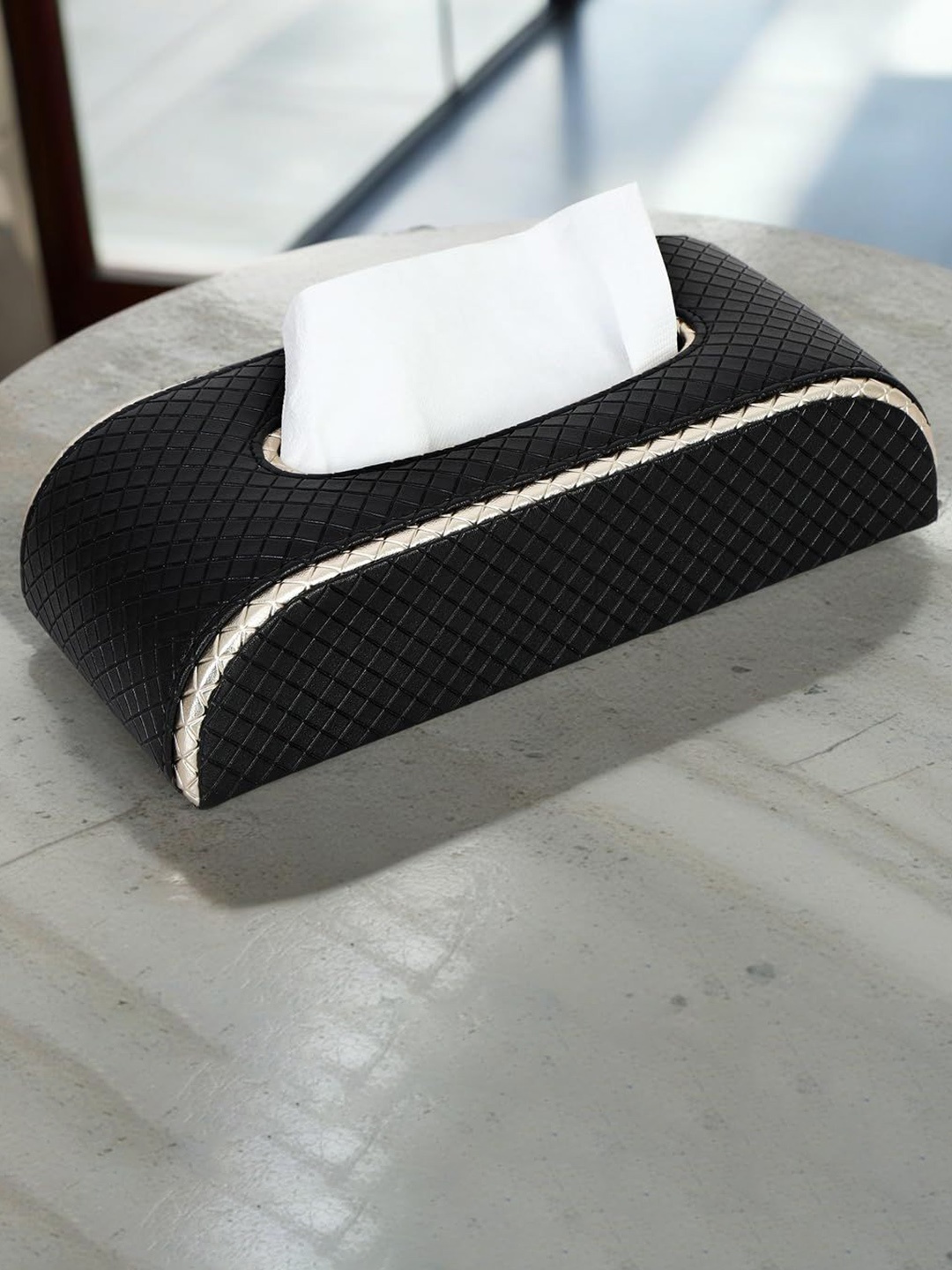

THE HOME CO. Black & Silver Toned Textured Leather Tissue Holder