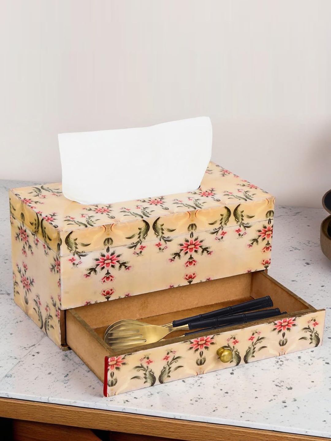 

THE HOME CO. Beige & Pink Printed Wooden Tissue Holder