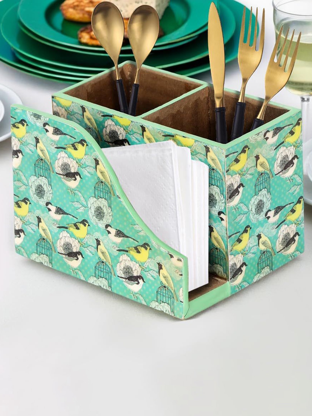 

THE HOME CO. Green & Yellow Printed Wooden Cutlery & Tissue Holder