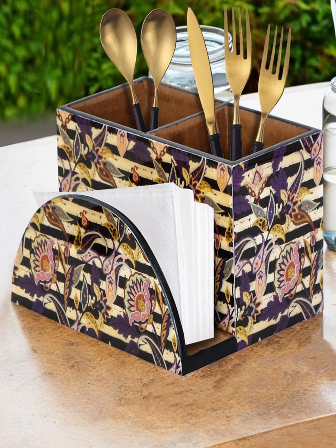 

THE HOME CO. Purple & Yellow Printed Cutlery & Tissue Holder