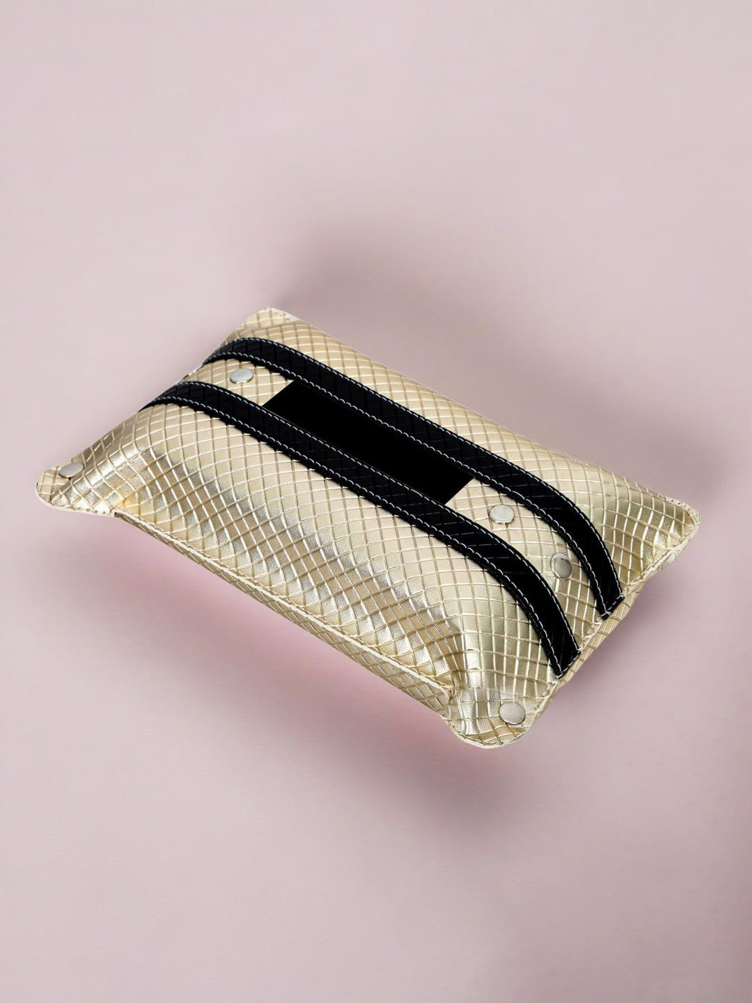 

THE HOME CO. Gold Toned & Black Textured Leather Tissue Holder