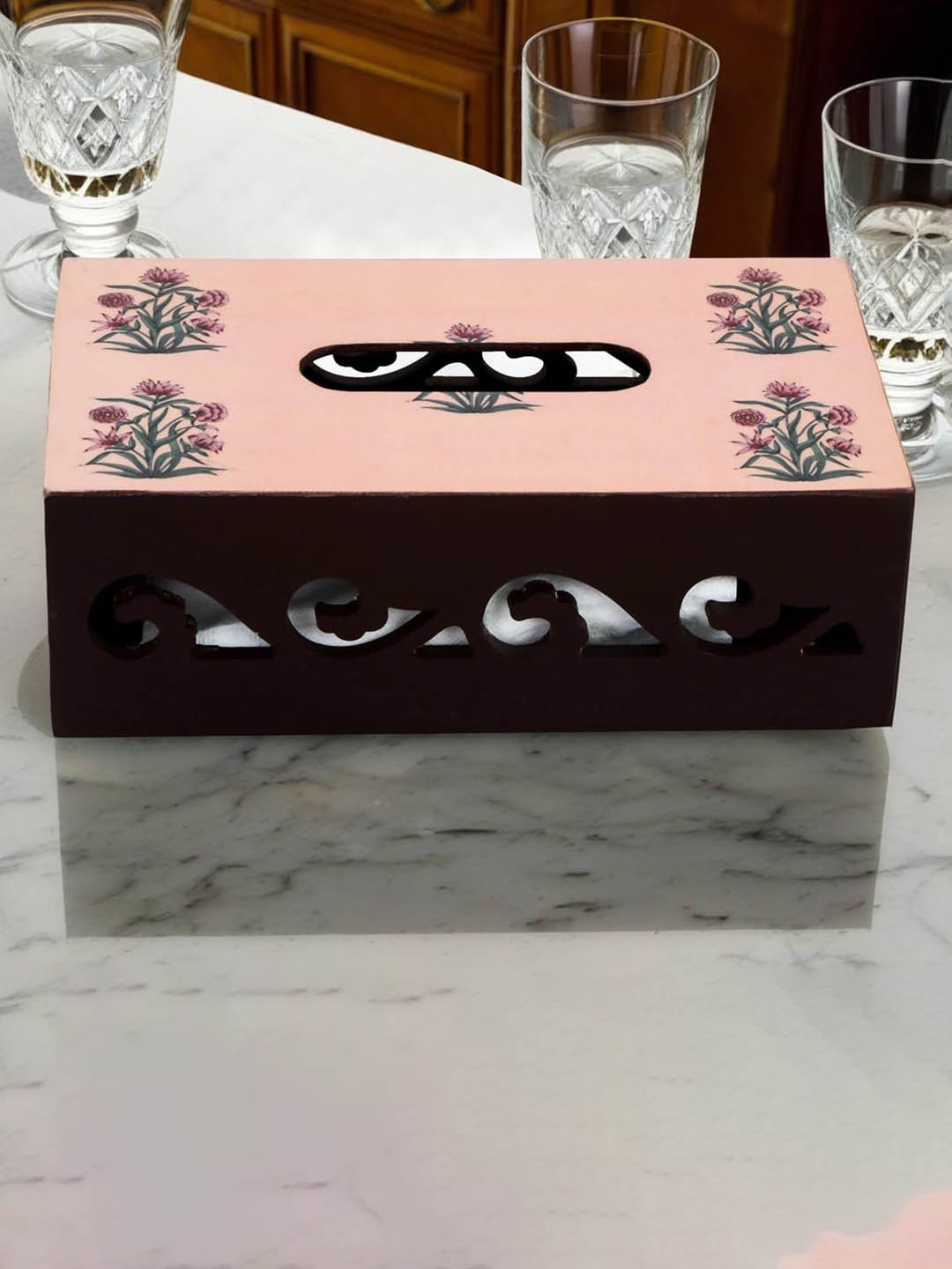

THE HOME CO. Peach & Brown Floral Printed Tissue Holder