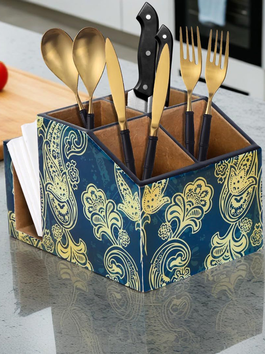 

THE HOME CO. Blue & Yellow printed Wooden Cutlery & Tissue Holder