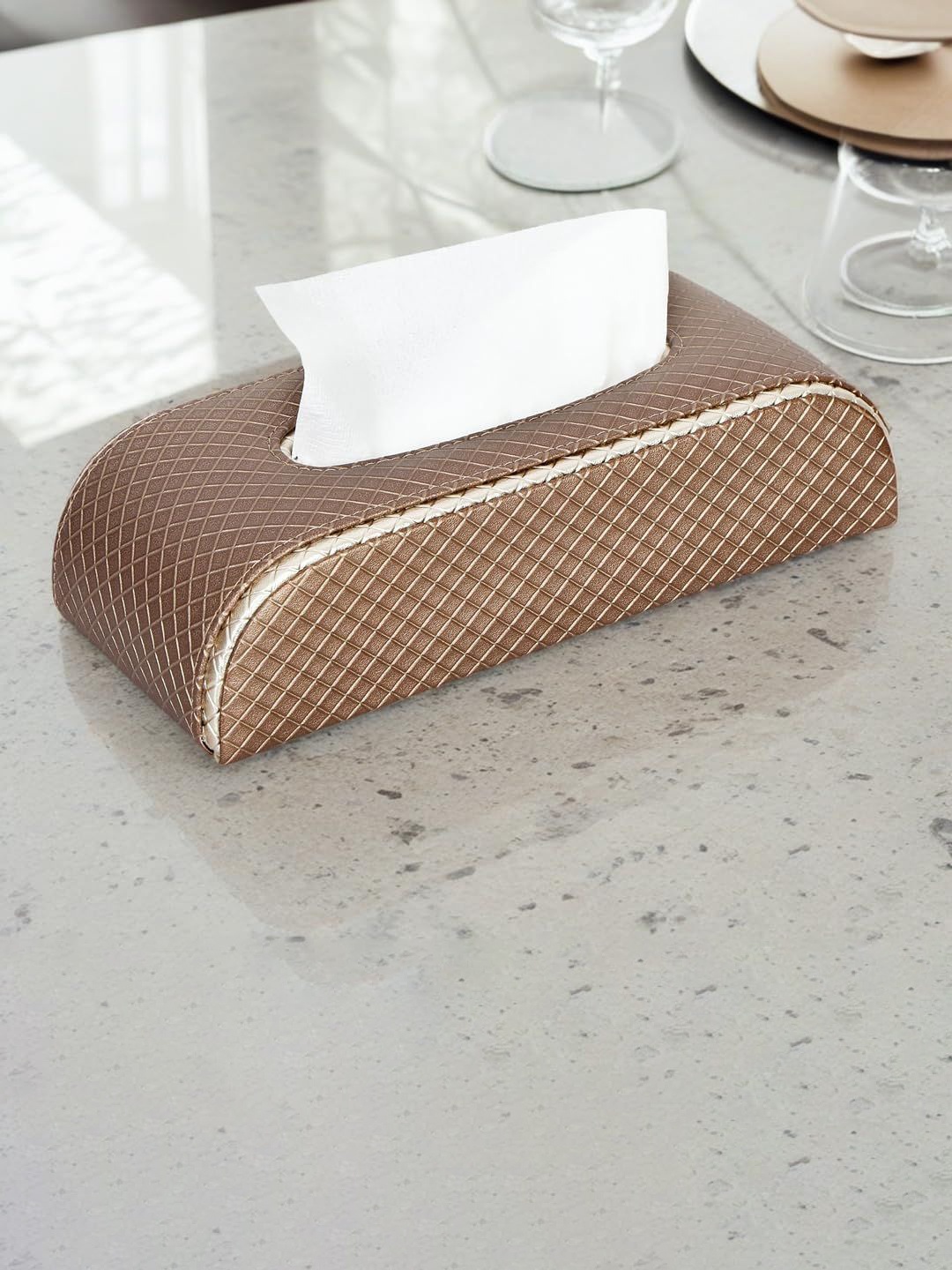 

THE HOME CO. Bronze & Toned & White Textured Leather Tissue Holder