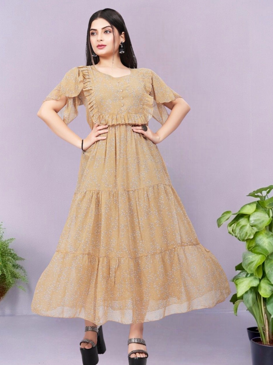 

BAESD Women Floral Slit Sleeve Fit & Flare Midi Dress, Cream