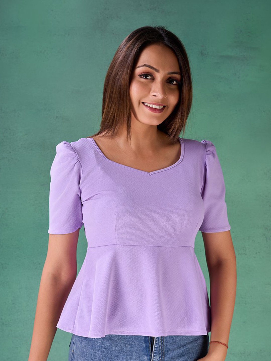 

Fashion FRICKS Puff Sleeve Peplum Top, Lavender