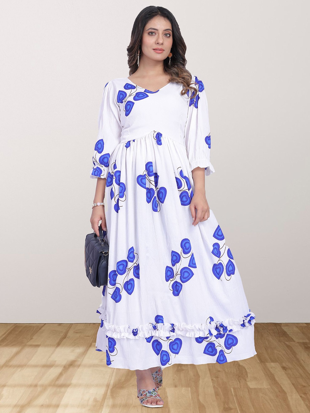 

N N ENTERPRISE Women Floral Print Applique Georgette Fit & Flare Maxi Dress, Blue