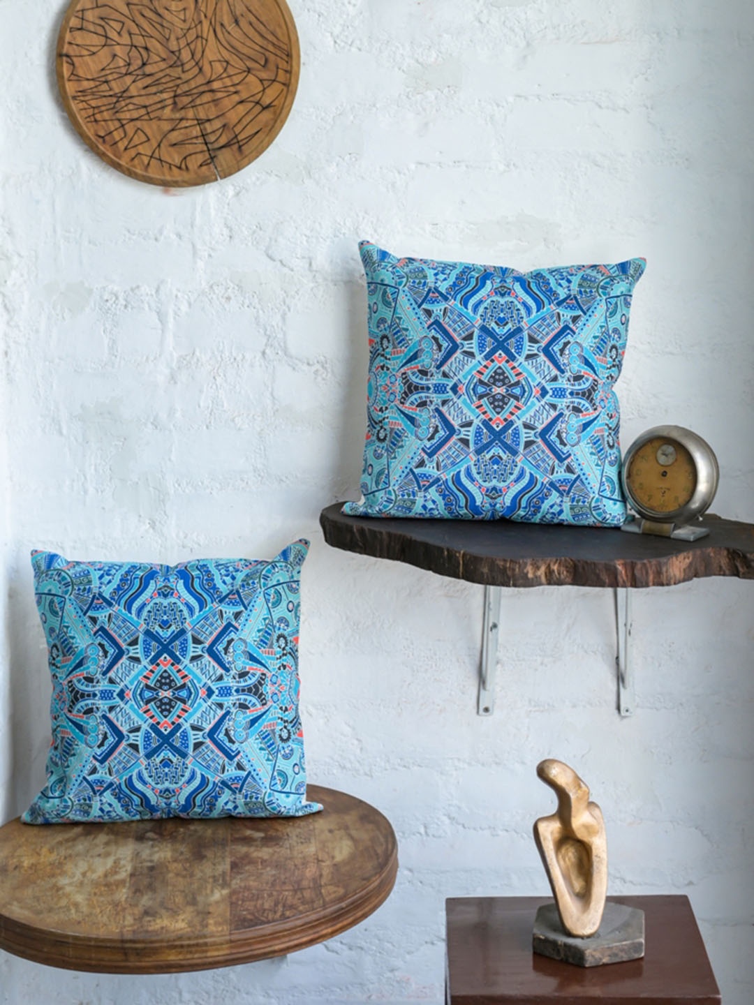 

ABSTRACT INDIA Turquoise Blue 2 Pieces Printed Cotton Square Cushion Covers