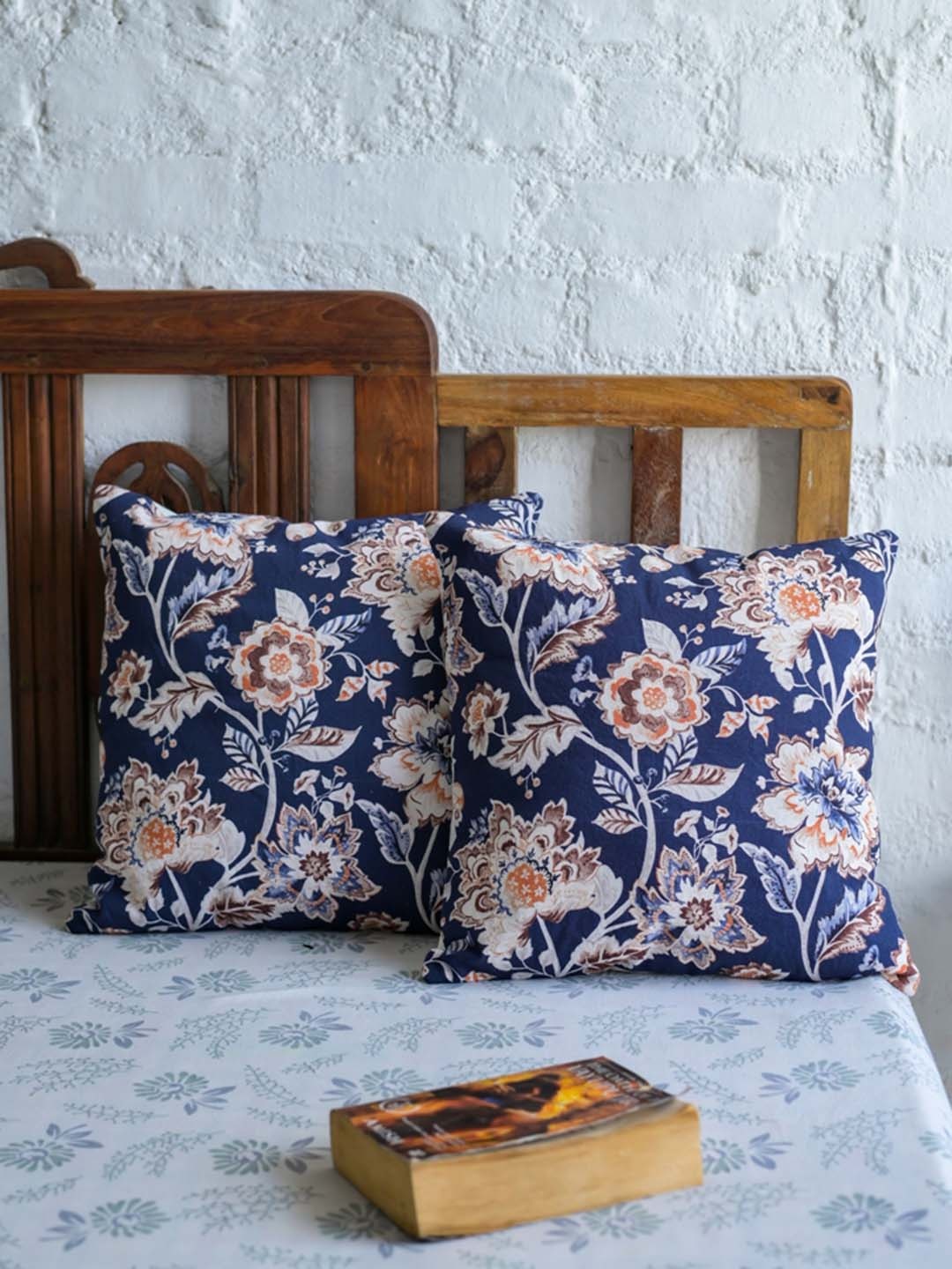 

ABSTRACT INDIA Blue & White Floral Cotton Square Cushion Cover