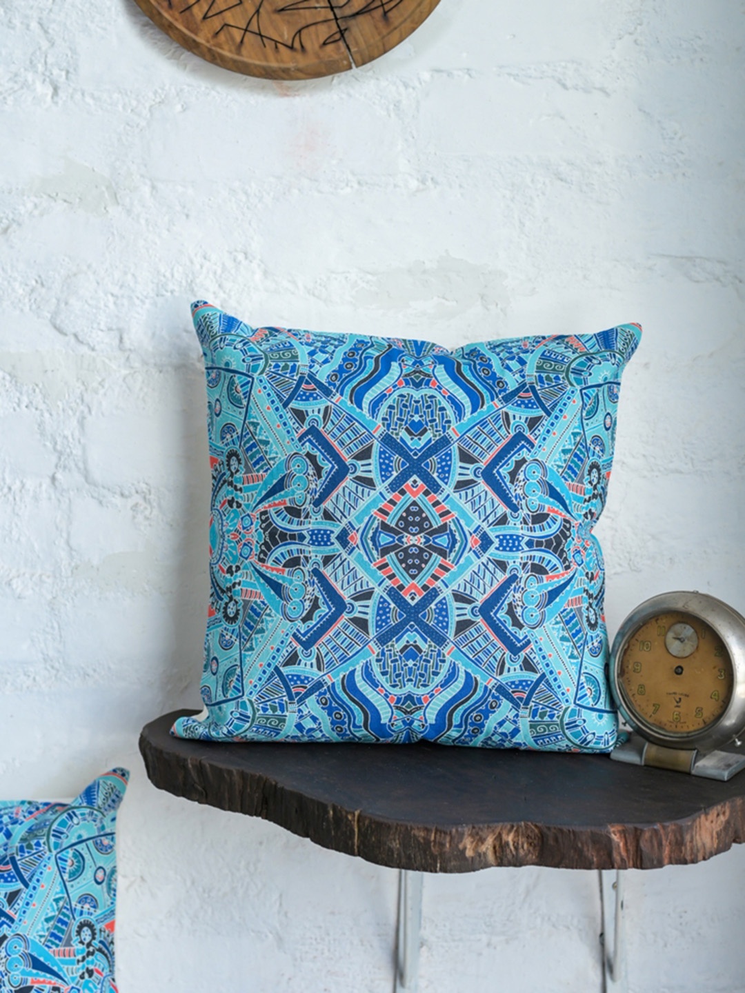 

ABSTRACT INDIA Turquoise Blue & Peach Ethnic Motifs Cotton Square Cushion Cover